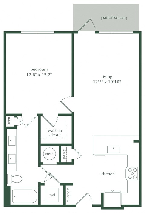 Floor plan for 1 bed, 1 bath, 802 sqft